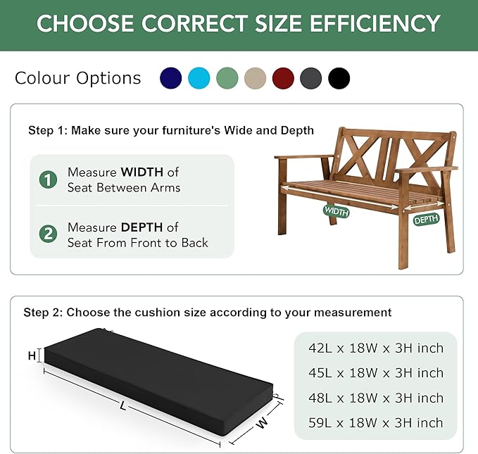 Summsun Outdoor Bench Cushion: Waterproof and Fade Resistant Patio Furniture Cushions - Non-Slip Bench Pad Cushion with Removable Cover for Garden Swing Porch Sofa Settee, 59 x 18 Inch, Black