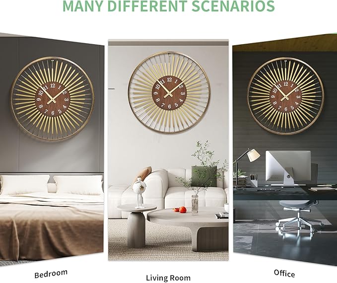 24 Inch Mid-Century Modern Wall Clock, Round Frame Metal Design