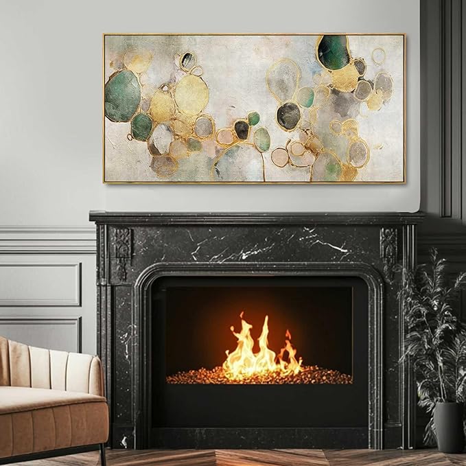 Gold Circle Modern Artwork Framed Abstract Wall Art Green Canvas Decor 24"x48"