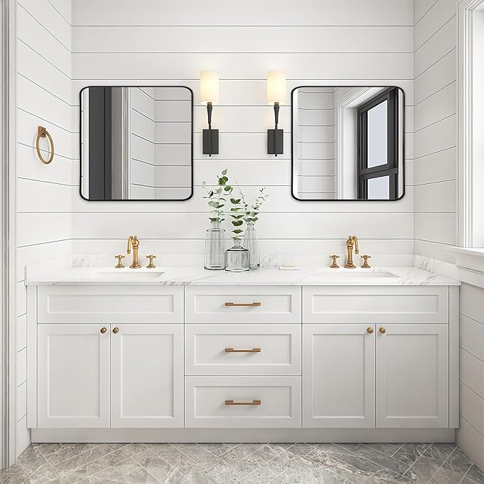 Wall Mount Mirror for Bathroom, Brushed Black Metal Framed Rounded Corner