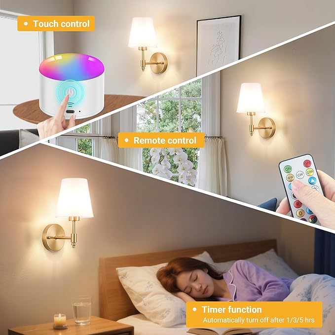 YHCDLAMP Battery Operated Wall Sconces Set of Two, Rechargeable Wireless Wall