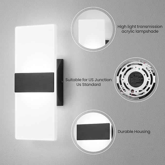 Modern LED Wall Sconces Set of Two, 12 Inch Indoor Dimmable Black Wall Lights