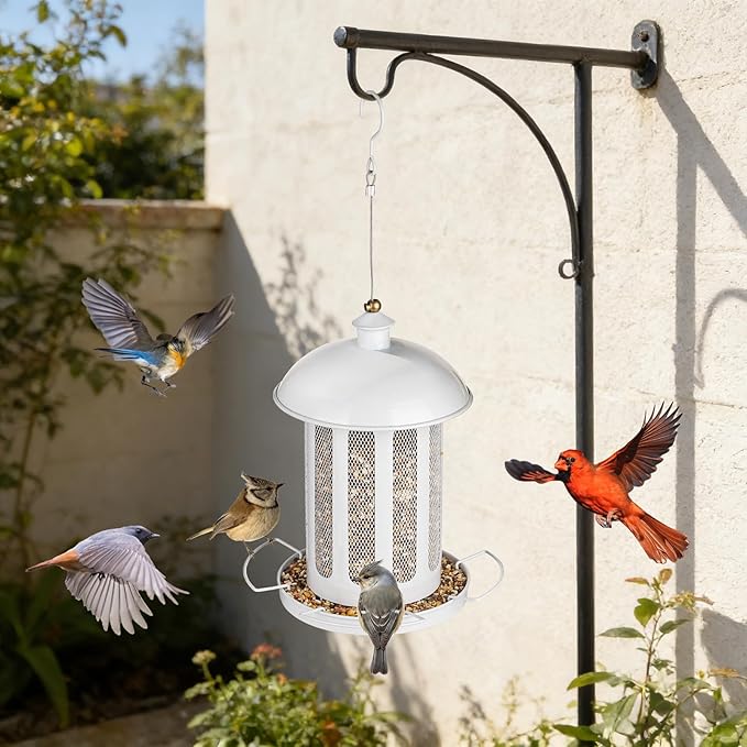 Bird Feeder, Large Capacity Bird Feeders for Outdoor Hanging, Heavy Duty Metal Wild Birdfeeder for Outside Garden Yard Decor, Retro Lantern Shape (White)