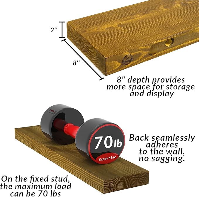 Rustic Floating Shelves 48 inch Long 8 inch deep Set of 2, Solid Wood Wall