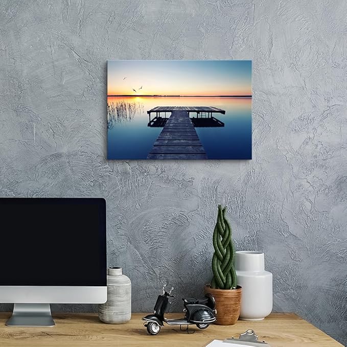 Hardy Gallery lake wall art pier picture: scenic nature canvas wall art lake scene artwork dock scenery wall decor painting - sunset landscape prints for bedroom house 16"x11"