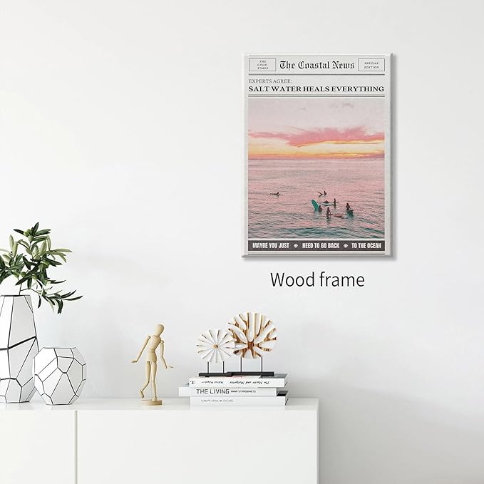 Pink Beach Newspaper Posters Vintage Fashion Coastal Girl Surf Wall Art 24X36