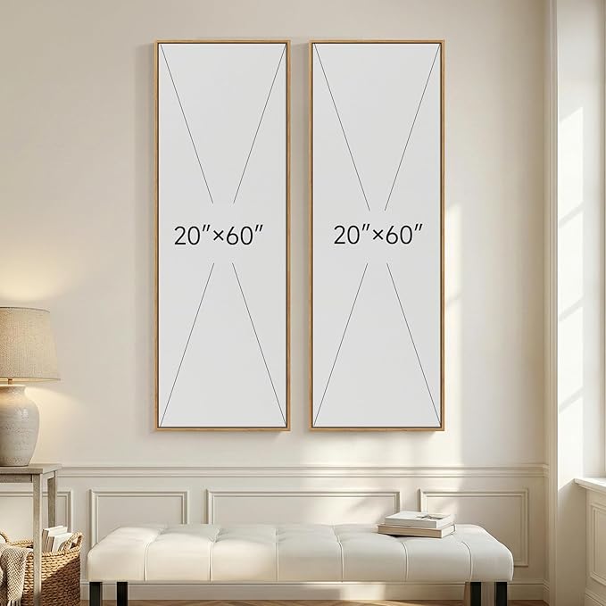 Long Narrow Framed Neutral Abstract Vertical Wall Art Set of 2, Oversized