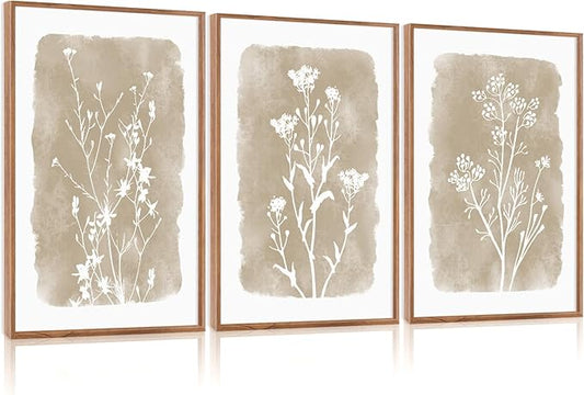 CHDITB Beige Florals Wall Art Set, Framed Boho Flower Wall Decor, Neutral Minimalist Botanical Wall Painting, Modern Vintage Wildflower Canvas Art Prints for Living Room, Bedroom, Grids Room 16"x24"x3