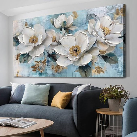 Ardemy Flower Wall Art for Living Room White Floral Canvas Art Wall Decor