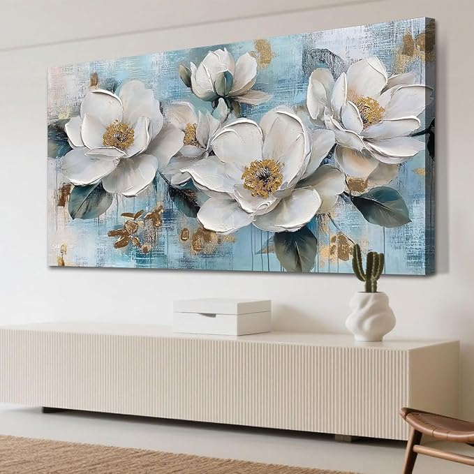 Ardemy Flower Wall Art for Living Room White Floral Canvas Art Wall Decor