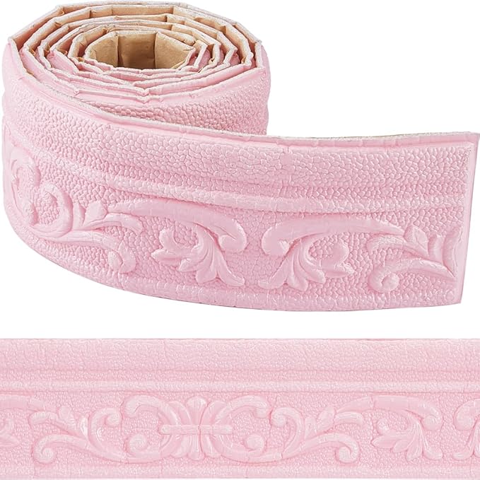 CRASPIRE 88 x 3in Crown Molding Peel and Stick 3D Flexible Foam Wall Trim Pink