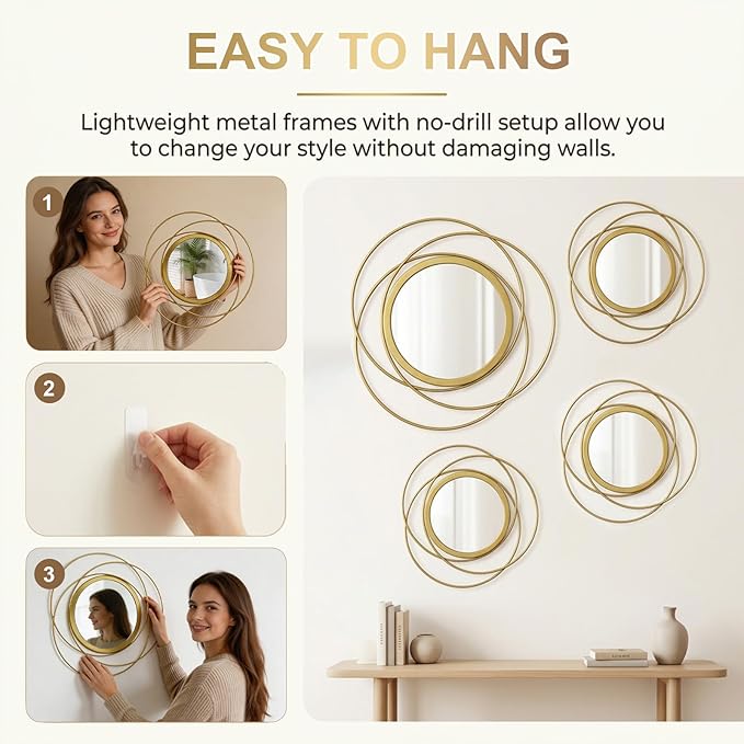 4 Piece Gold Round Wall Mirror Set Modern Metal Circle Home Decor