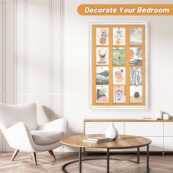 White Cork Board for Wall, 36 x 24 inches Decorative Bulletin Board, Rustic