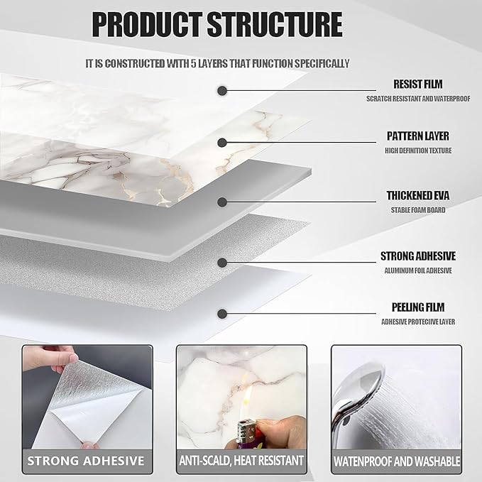 10pcs Peel and Stick Tile Shower Waterproof Marble Tiles Wall Panels,