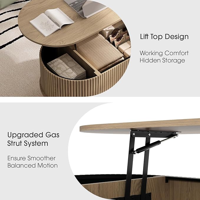 JOINICE 42.5" Oval Lift Top Coffee Table with Storage, Mid Century Modern Oak Center Table with Fluted Panel, Solid Wood Legs & Hidden Compartment for Living Room