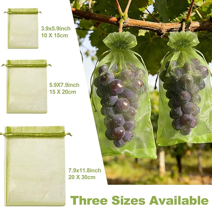 100 Large Fruit Protection Bags 7.9x11.8 Inch, Green Mesh Netting with Drawstring, Pest & Bird Barrier for Grapes, Eggplants, Zucchini and Other Garden Produce
