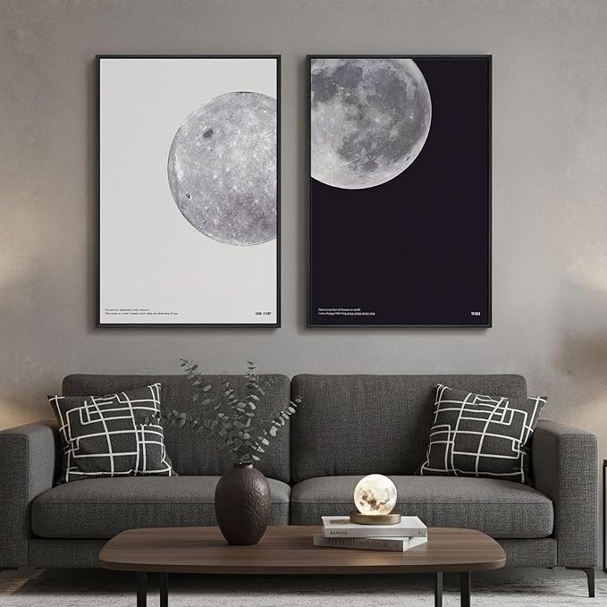 Large Framed Black and White Moon Wall Art, 2 Piece the Moon Canvas Art Prints