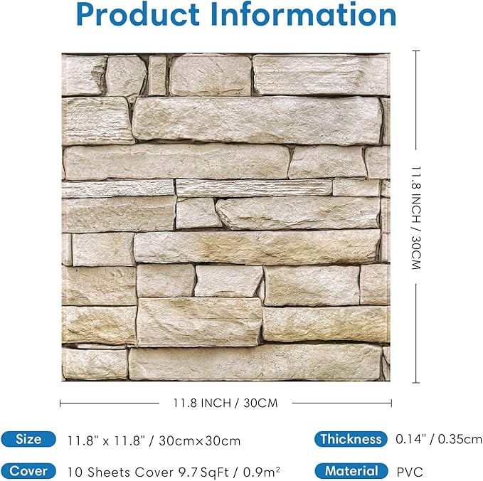 COMSTICKC 3D Peel and Stick Faux Stone Wall Sticker, Ultra-Light Thin PVC Rock