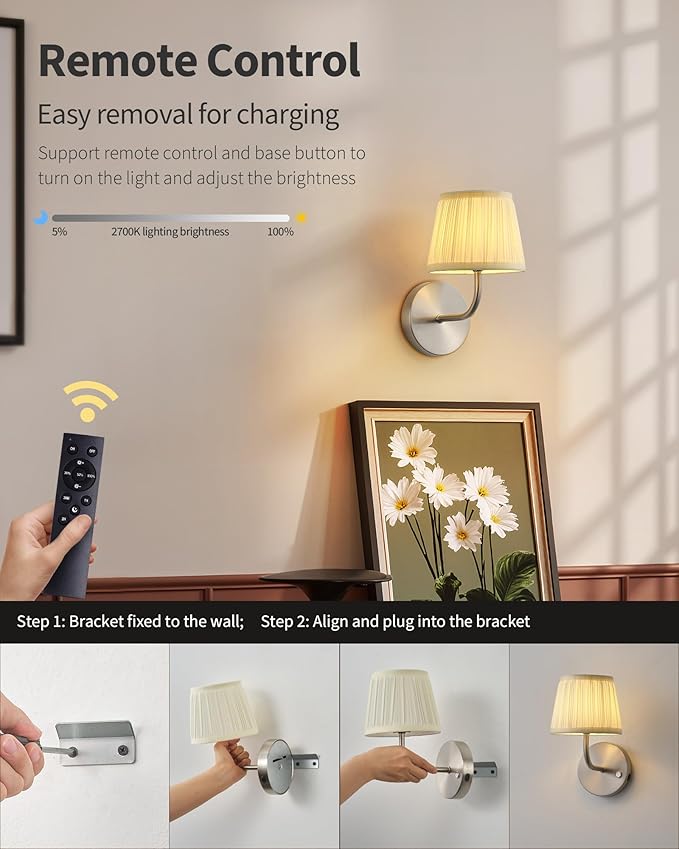 PUSU LED Cordless Nickel H9.6 inch Small Wall Sconces Set of 2, Rechargeable