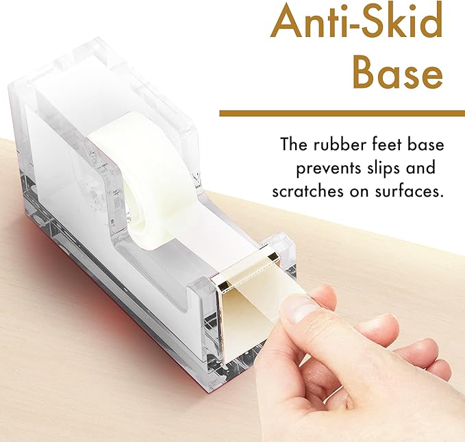 OfficeGoods Acrylic Tape Dispenser – Modern Desk Organizer for Office Supplies – Heavy Duty Refillable Tape Holder for Home and School Crafting – Stylish Desktop Accessory for Gift Wrapping, Gold