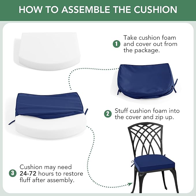 Outdoor Chair Cushions Set of 2: Waterproof & Fade Resistant Patio Furniture Cushions - 17 x 16 x 2 Inch Non Slip Round Corner Seat Cushion Pads with Removable Cover for Garden Yard Lawn, Navy Blue
