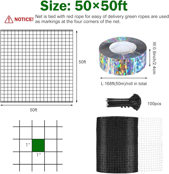 Bird Netting for Chicken Coop 50 X 50 Ft 1" Square Mesh Heavy Duty Chicken Run Netting Roof Cover Against Hawks, Eagles, Owls, UV Resistant, for Garden, Fruit Tree, Plant, Vegetable Protection