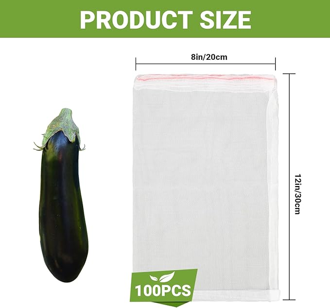 Fruit Protection Bags, 100 Pcs 8x12 Inch Garden Insect Netting Bags for Fruit Trees, Fruit Mesh Bags with Drawstring Protect Tomatos, Grapes, Mangos from Bugs Birds Squirrels