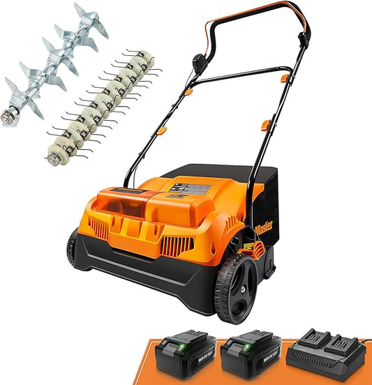LawnMaster 48V MAX Brushless 16â 2-in-1 Cordless Dethatcher and Scarifier with Removable Thatch Collection Bag Quick-Fold â CLGVB4816