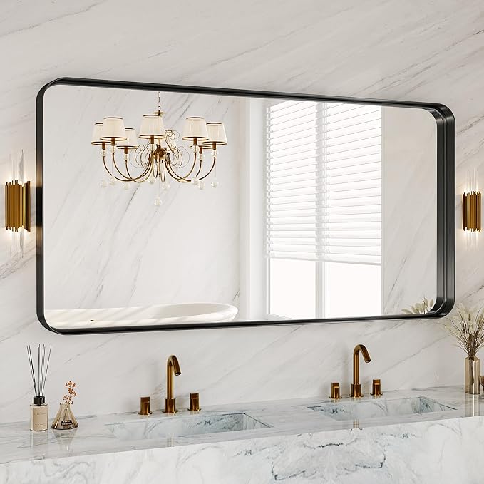 60X30 Inch Black Metal Framed Bathroom Mirror