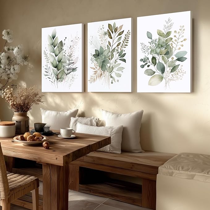 LLEEMPI Framed Sage Green Wall Art Set of 3, Modern Watercolor Botanical Wall