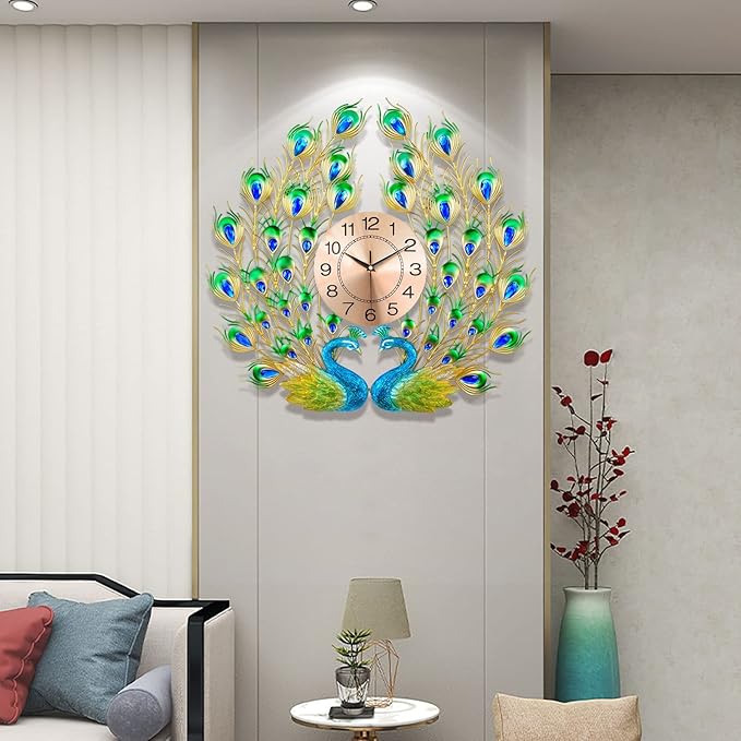 Large Peacock Wall Clock Silent Non-Ticking, 3D Creative Luxury Decorative Wall