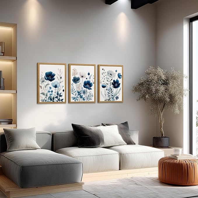 LLEEMPI Navy Blue Floral Wall Art Set of 3, Modern Wildflower Wall Decor
