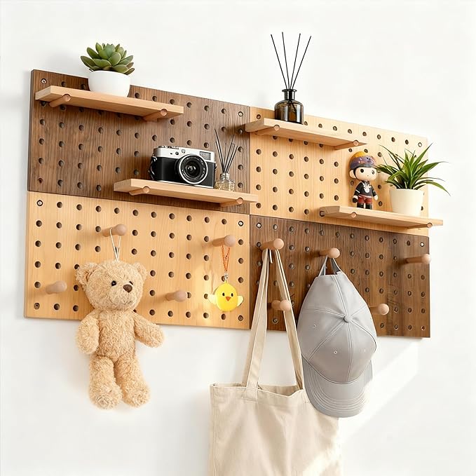 Brown & Beige Wood Pegboard Modular Display Wooden Pegboard Combination Wall