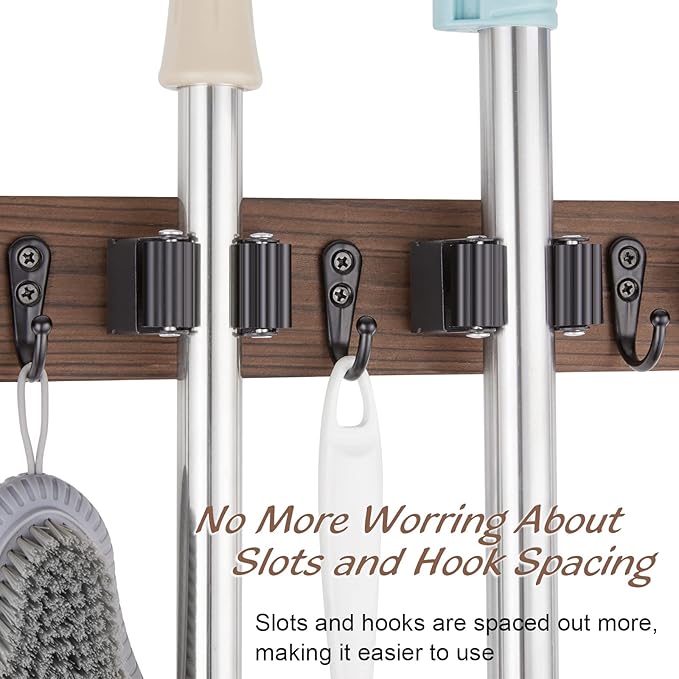 OUTNILI 2 Pack Mop Broom Holder Wall Mount - Wood Broom Mop Hanger - Wall Mounted Garden Tool Rack Organizer for Closet Garage Laundry Room Farmhouse Rustic Kitchen Decor With 4 Slots & 4 Hooks