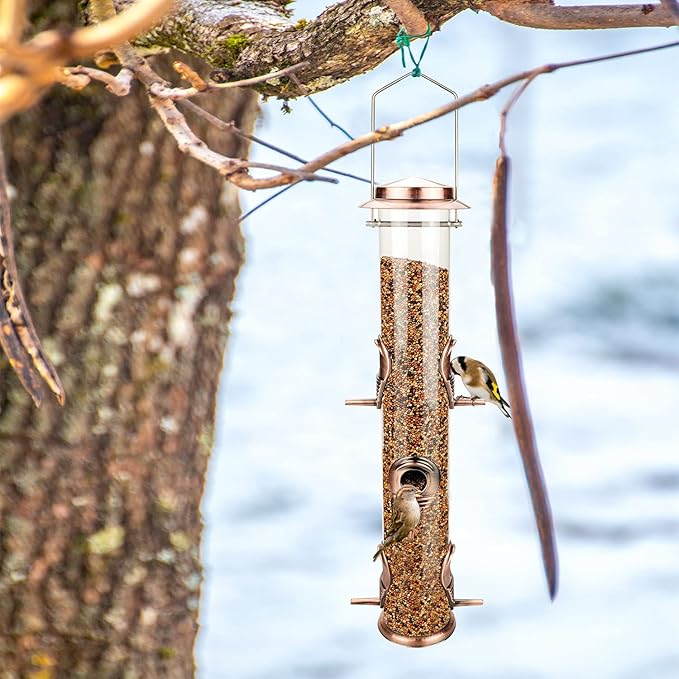 MIXXIDEA 1PK Metal Wild Bird Feeder,Squirrel Proof Bird Feeders for Outside,Hanging 6 Port Tube Bird Feeder,Finch Bird Feeder for Attracting Birds in Your Lawn, Garden, Balcony-Antique Copper