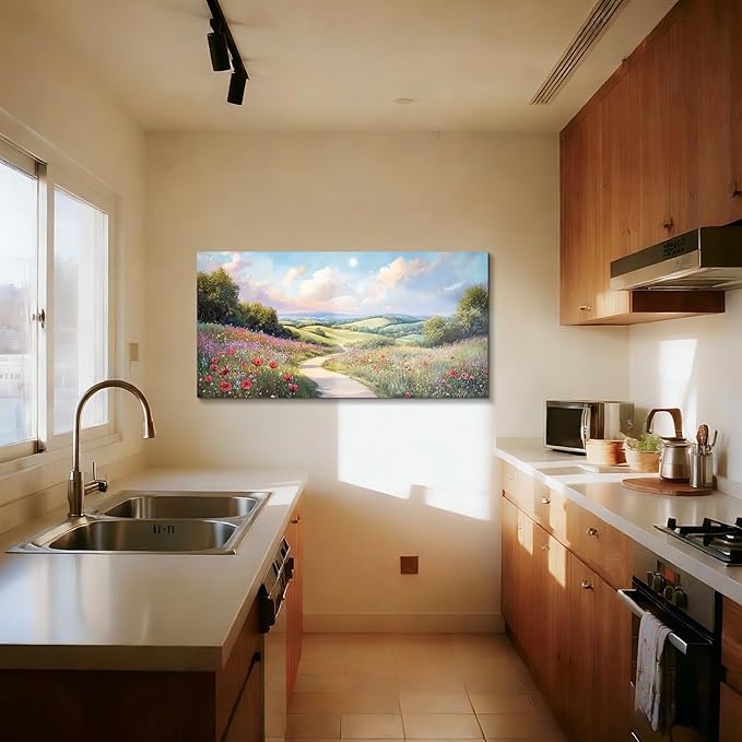SERIMINO Large Landscape Wall Art, Floral Wall Art, Nature Wall Decor, Country Chic Painting Prints, Sunny Outdoor Scenic Pictures for Living Room Bedroom Modern Farmhouse Home Decorations 24"x48"
