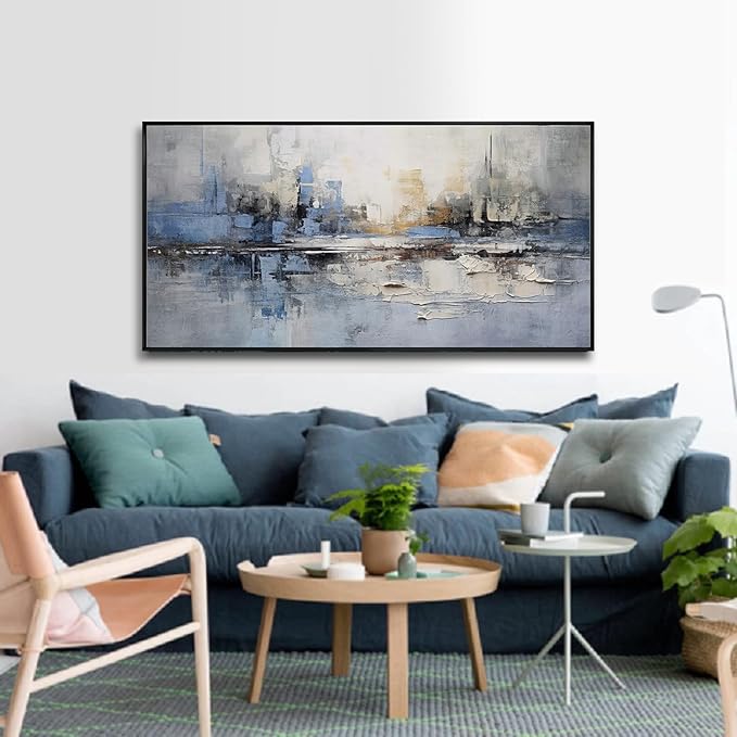 Abstract wall Art Framed Artwork Blue and Gray White Decor Modern Canvas Wall