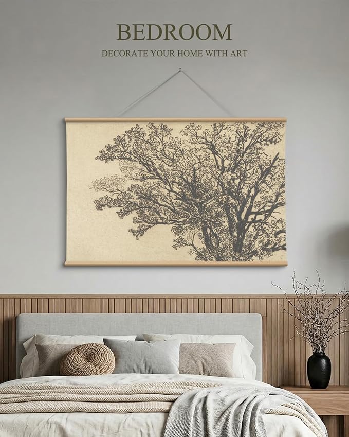 VIYYIEA Extra Large Canvas Wall Art 36x54 Inch Vintage Tree Sketch Landscape Hanging Scroll, Rustic Nature Wall Decor Oversized Artwork for Living Room Bedroom Above Sofa