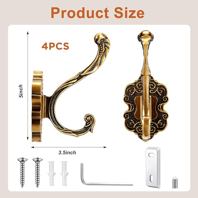 Zonon 4 Pcs Antique Gold Wall Hooks Set Vintage Coat & Towel Hooks