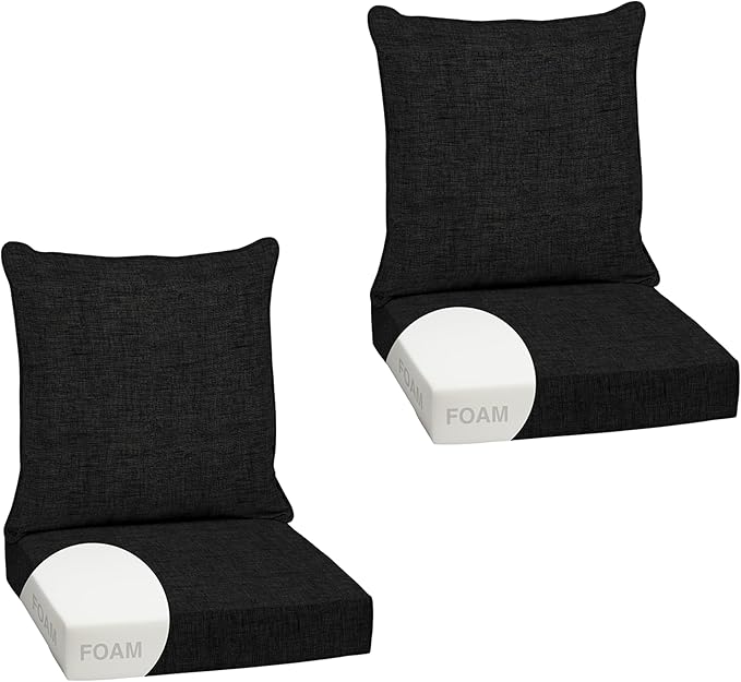 Arden Outdoor Foam Deep Seat Cushion Set (2-Pack), 24x24, Premium High-Density Foam, Never Flattens, Weather-Proof for Patio Chair Sofa Couch, Black Leala
