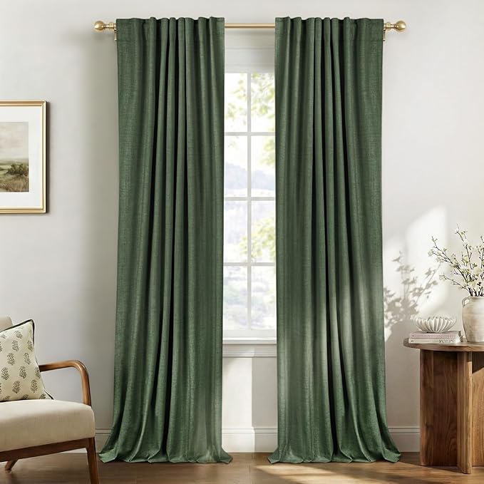 100% Blackout Shield Green Linen Blackout Curtains