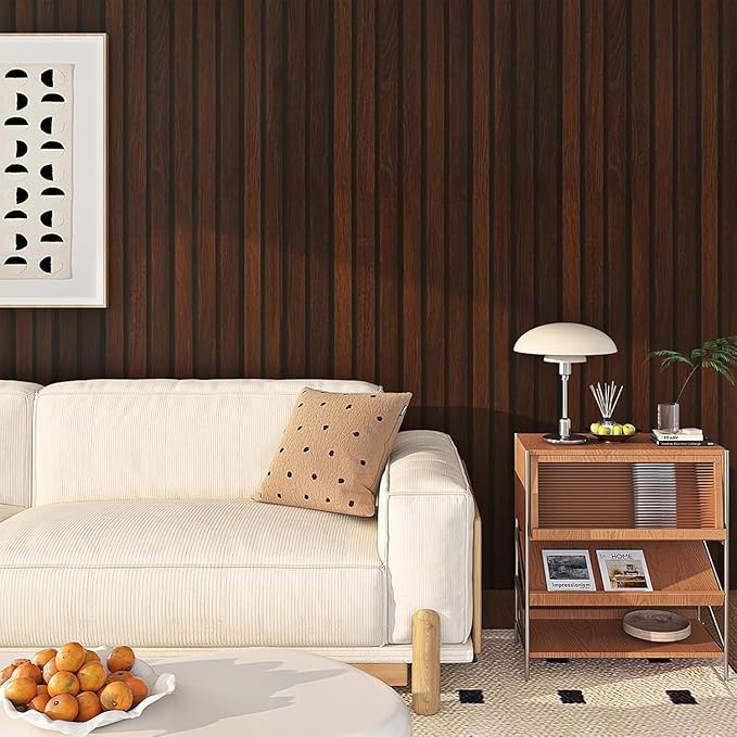 FunStick 36"x200" Dark Brown Slats Wood Peel and Stick Wallpaper Faux 3D Walnut
