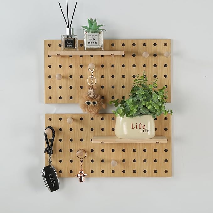 2 Pack Beige Wooden Pegboard, Modular Wall Organizer Storage Shelf