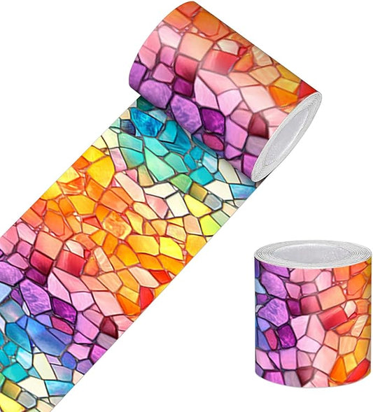 HOMETITUTE Wallpaper Border Peel and Stick Wall Border Rainbow Mosaic Glass