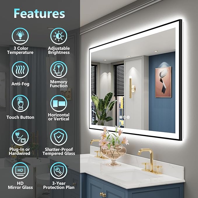 66x40 Black Framed LED Bathroom Mirror