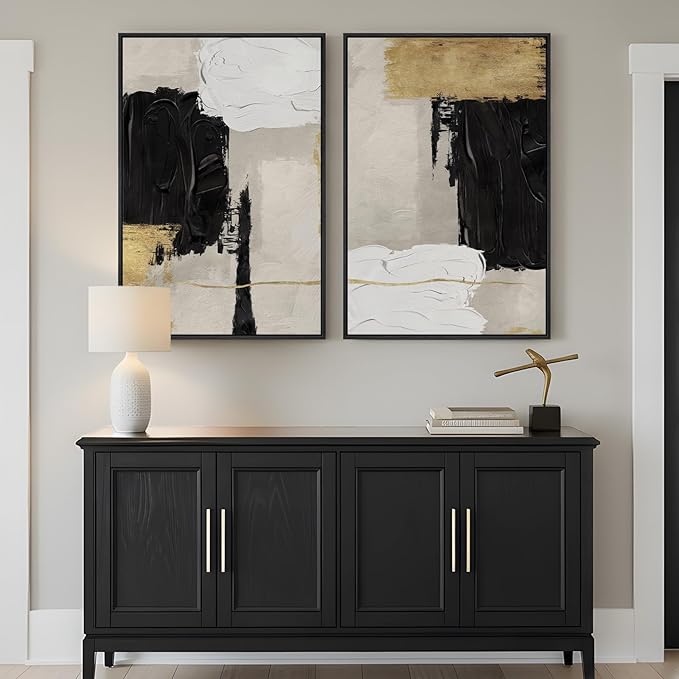 Framed Black White and Gold Abstract Wall Art
