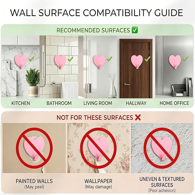 Heart Wall Hooks, 8 Pack, Small Pink Decorative Accessories, Purse Hanger