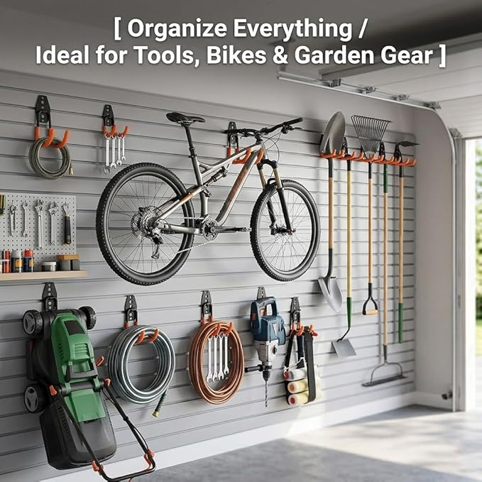 16 Pack Garage Hooks Heavy Duty, Industrial Wall Mount Garage Storage Hooks for Hanging Bike, Ladder and Garden Tools, Organization System with Mop Broom Holders, 100 LBS Capacity, Orange