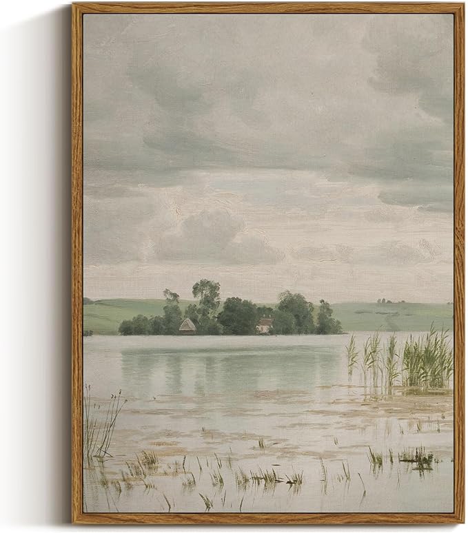 InSimSea Framed Canvas Prints Art Vintage Decor, Countryside Wall Art Decorations for Living Room, Retro Lakeside Paintings Prints, Home Wall Decor for Bathroom Bedroom, 12"x16"