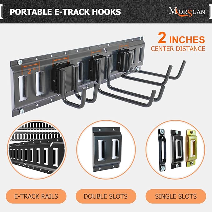 10-Pack E-Track Double Fitting J-Hooks, 2" Wide & 6" Deep Stable E Track Double J Hooks with Dual Fittings, Heavy Duty Shovel Hanger for Trailers, Trucks, Garden Tools Organizers Storage